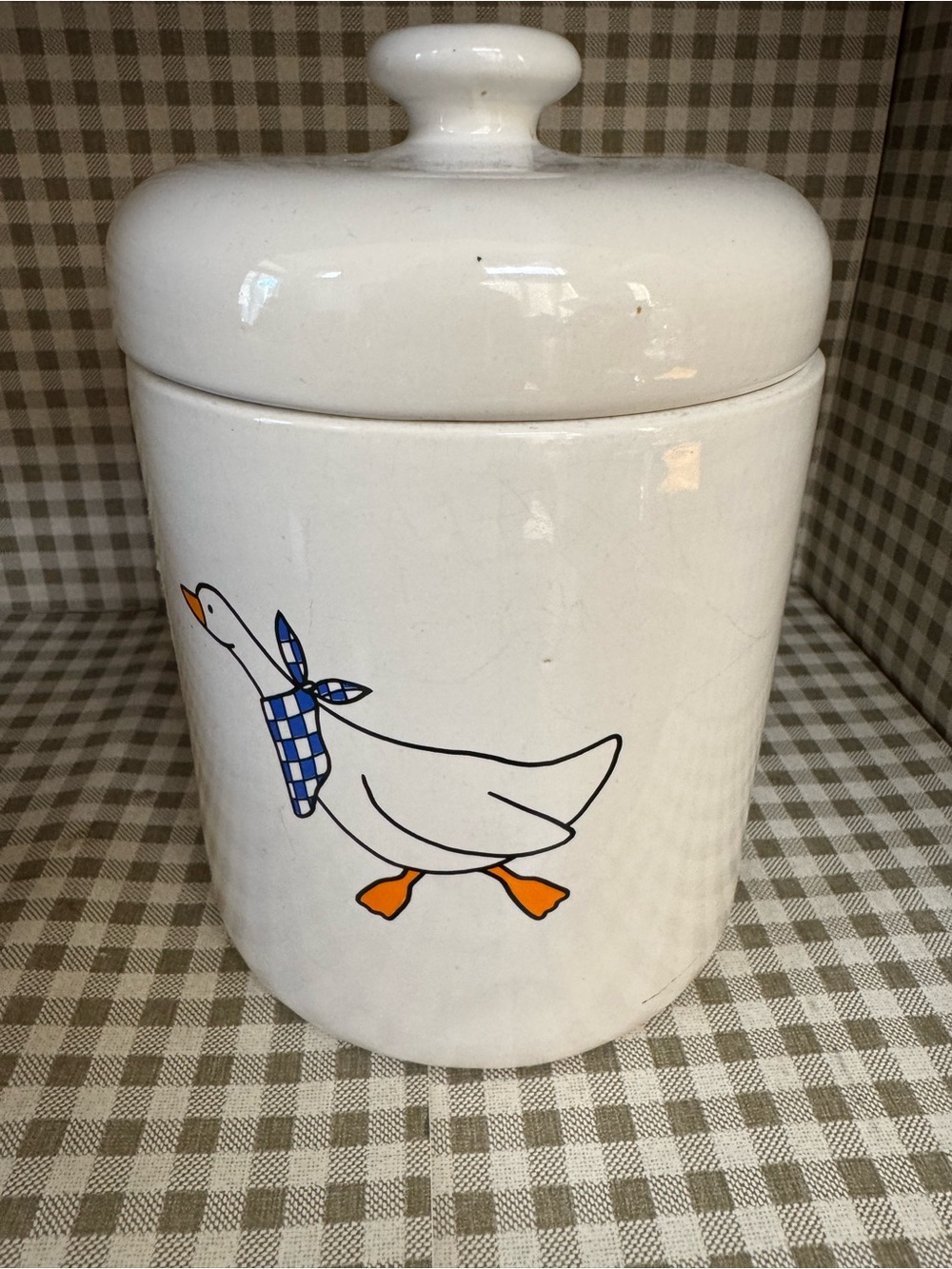 White Ceramic Goose Canister with Blue Gingham Scarf 9’inch cookie jar, storage